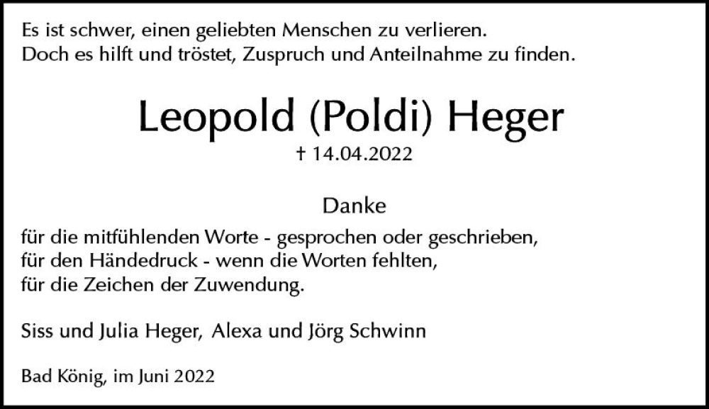  Traueranzeige für Leopold Heger vom 04.06.2022 aus vrm-trauer Odenwälder Echo