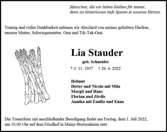 Traueranzeige von Lia Stauder von vrm-trauer AZ Mainz