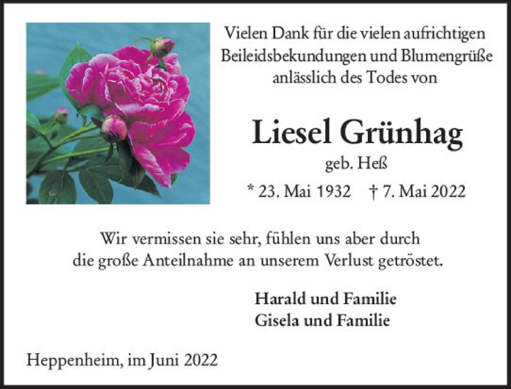  Traueranzeige für Liesel Grünhag vom 04.06.2022 aus vrm-trauer Bürstädter/Lamperth. Ztg/Starkenburger