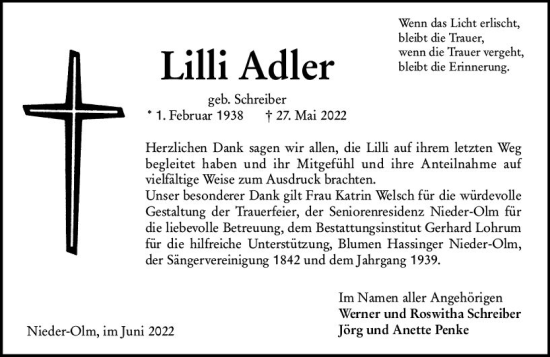 Traueranzeige von Lilli Adler von vrm-trauer AZ Mainz