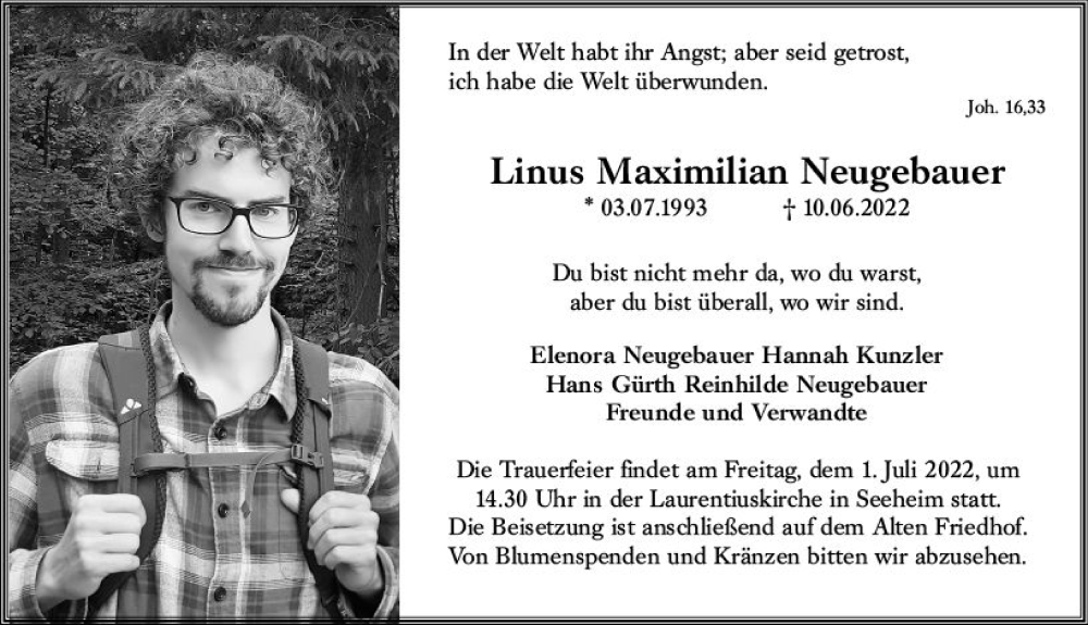  Traueranzeige für Linus Maximilian Neugebauer vom 25.06.2022 aus vrm-trauer Darmstädter Echo