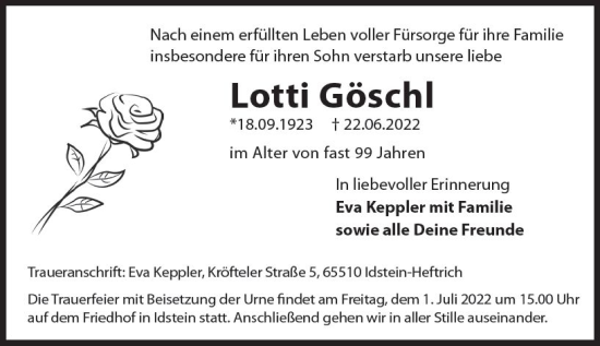 Traueranzeige von Loni Göschl von vrm-trauer Idsteiner Zeitung