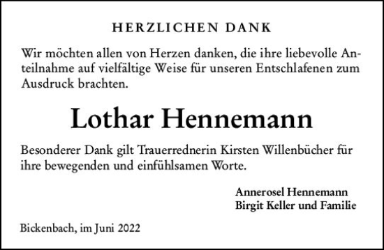 Traueranzeige von Lothar Hennemann von vrm-trauer Darmstädter Echo