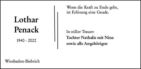 Traueranzeige von Lothar Penack von vrm-trauer Wiesbadener Kurier