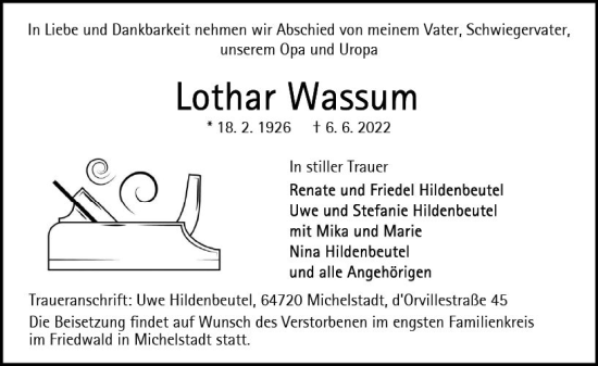 Traueranzeige von Lothar Wassum von vrm-trauer Odenwälder Echo