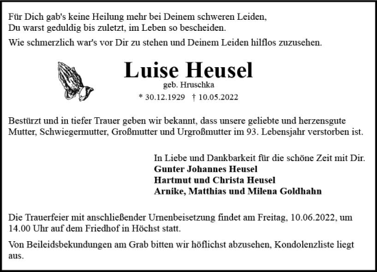 Traueranzeige von Luise Heusel von vrm-trauer Odenwälder Echo