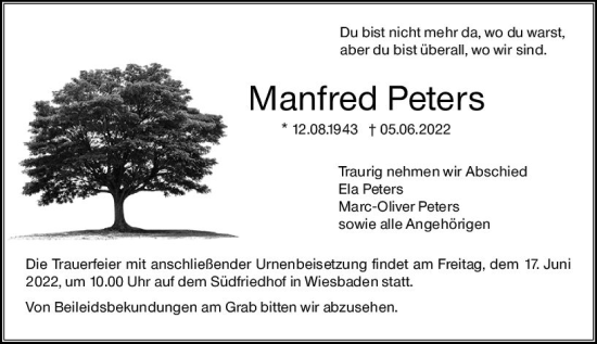 Traueranzeige von Manfred Peters von vrm-trauer Wiesbadener Kurier