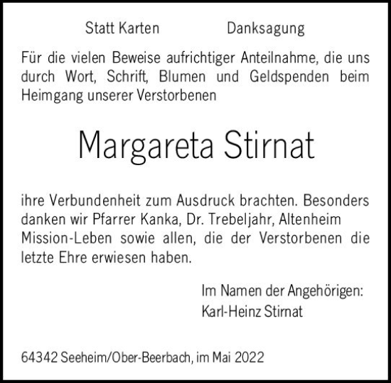 Traueranzeige von Margareta Stirnat von vrm-trauer Darmstädter Echo