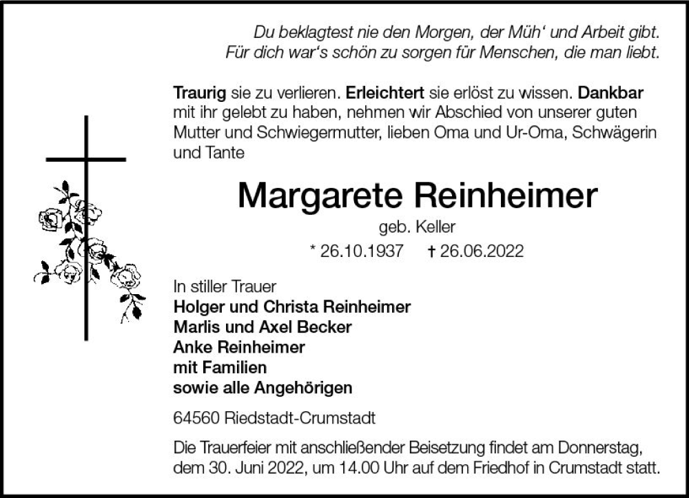  Traueranzeige für Margarete Reinheimer vom 29.06.2022 aus vrm-trauer Groß-Gerauer Echo