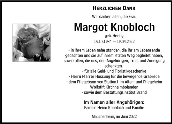 Traueranzeige von Margot Knobloch von vrm-trauer Allgemeine Zeitung Alzey