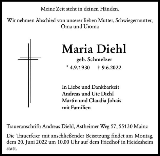 Traueranzeige von Maria Diehl von vrm-trauer Allgemeine  Zeitung Ingelheim-Bingen