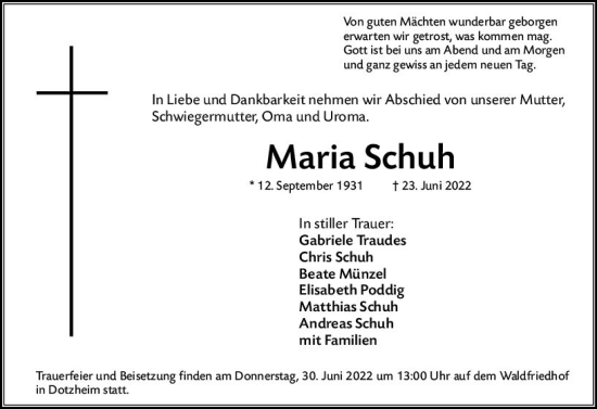 Traueranzeige von Maria Schuh von vrm-trauer Wiesbadener Kurier