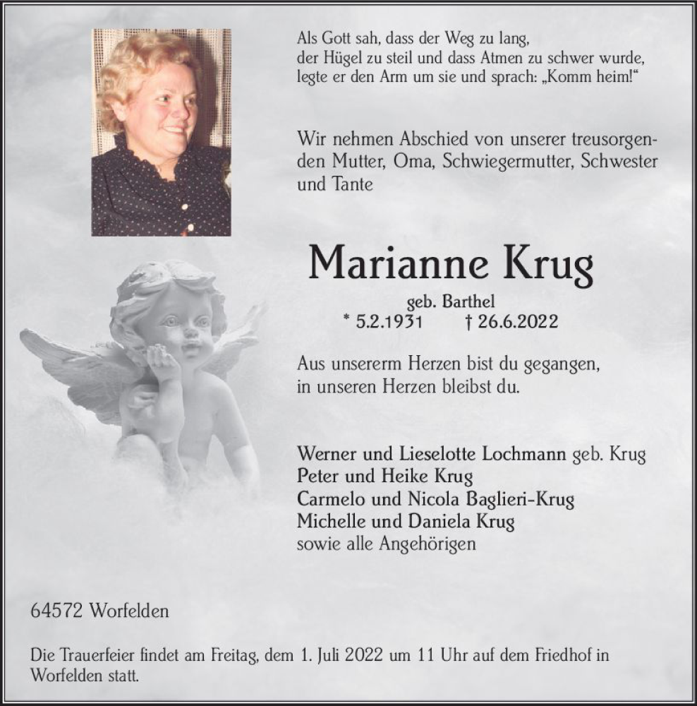  Traueranzeige für Marianne Krug vom 29.06.2022 aus vrm-trauer Groß-Gerauer Echo