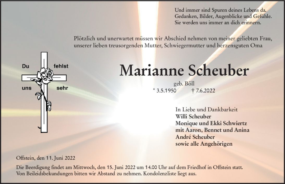  Traueranzeige für Marianne Scheuber vom 11.06.2022 aus vrm-trauer Wormser Zeitung