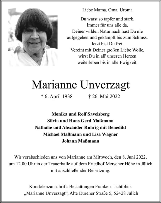 Traueranzeige von Marianne Unverzagt von vrm-trauer Wiesbadener Kurier