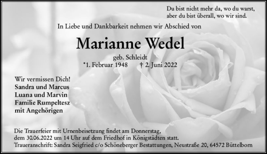 Traueranzeige von Marianne Wedel von vrm-trauer Rüsselsheimer Echo / MainSpitze