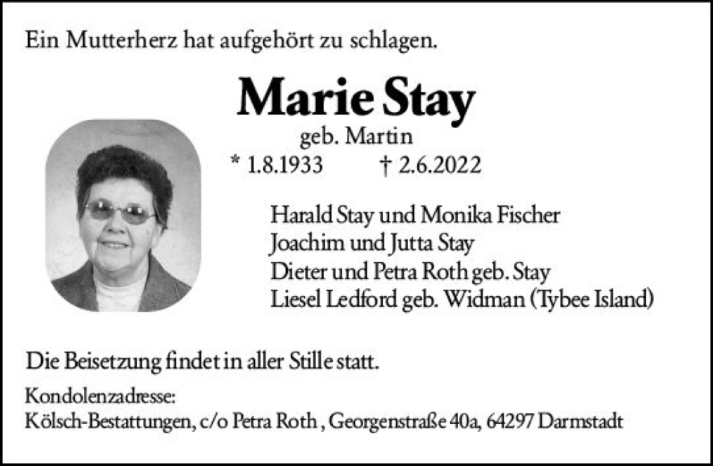 Traueranzeige für Marie Stay vom 11.06.2022 aus vrm-trauer Darmstädter Echo