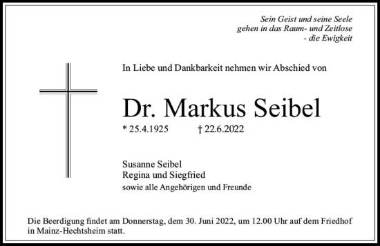 Traueranzeige von Markus Seibel von vrm-trauer AZ Mainz