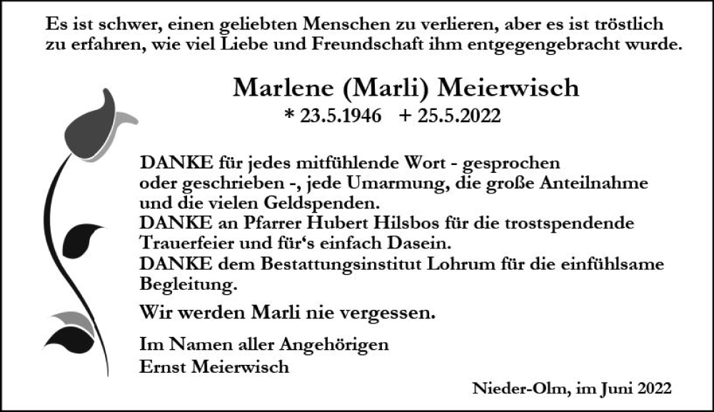  Traueranzeige für Marlene Meierwisch vom 25.06.2022 aus vrm-trauer AZ Mainz