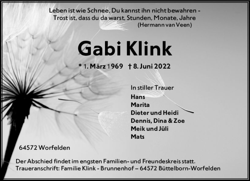  Traueranzeige für Gabi Klink vom 18.06.2022 aus vrm-trauer Groß-Gerauer Echo
