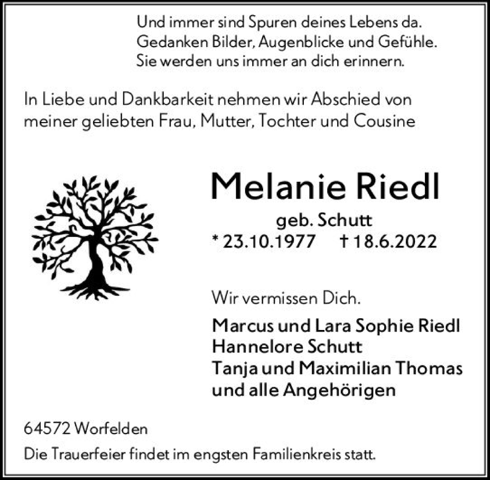  Traueranzeige für Melanie Riedl vom 25.06.2022 aus vrm-trauer Groß-Gerauer Echo