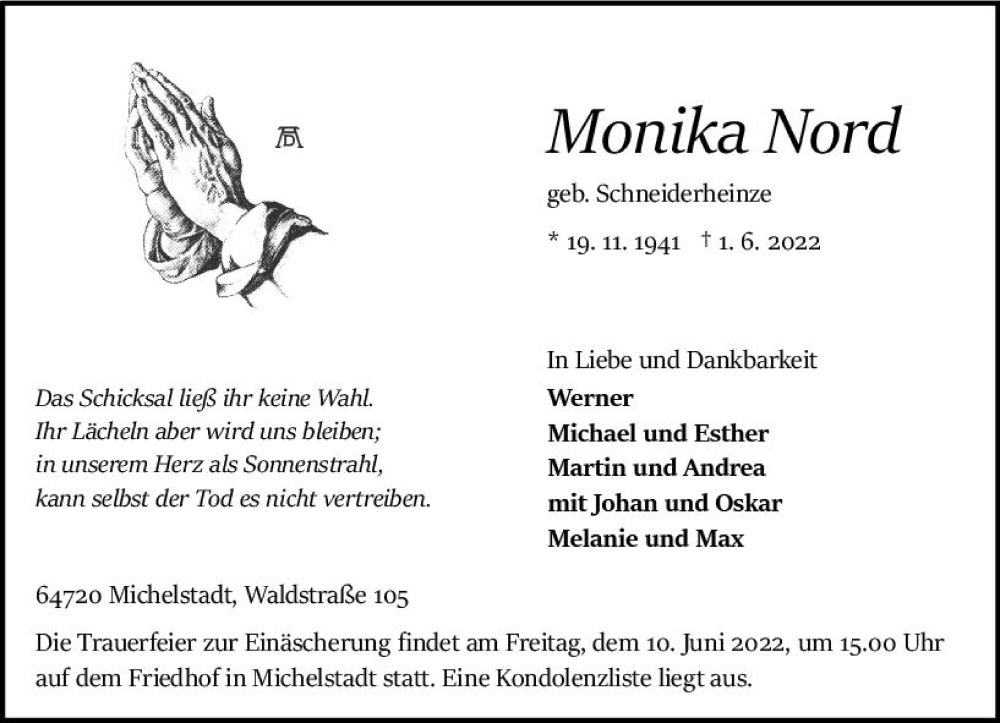  Traueranzeige für Monika Nord vom 08.06.2022 aus vrm-trauer Odenwälder Echo