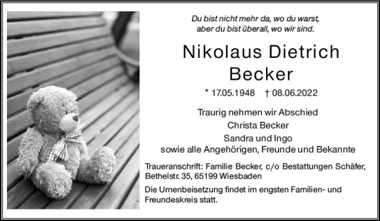 Traueranzeige von Nikolaus Dietrich Becker von vrm-trauer Wiesbadener Kurier