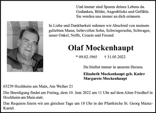 Traueranzeige von Olaf Mockenhaupt von vrm-trauer AZ Mainz