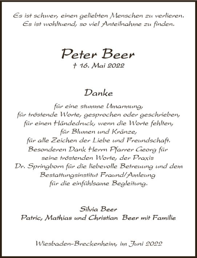  Traueranzeige für Peter Beer vom 11.06.2022 aus vrm-trauer Wiesbadener Kurier