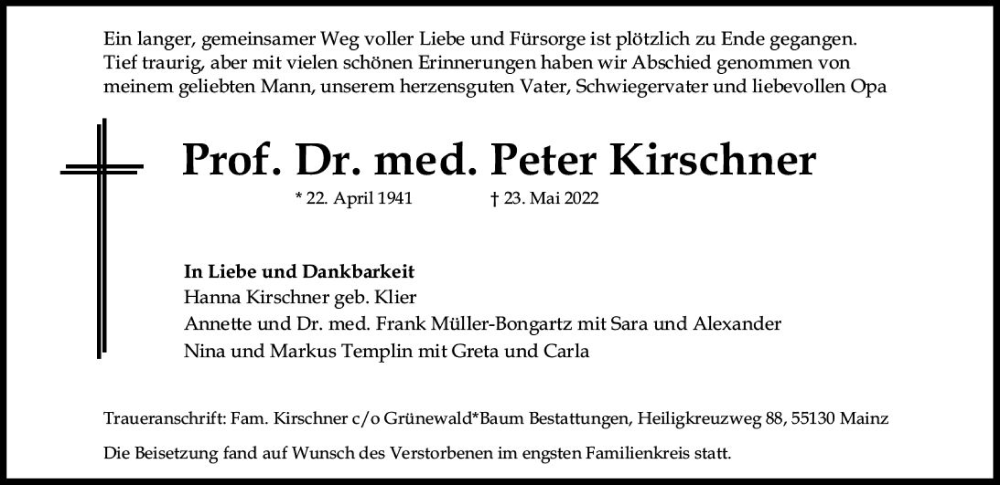  Traueranzeige für Peter Kirschner vom 04.06.2022 aus vrm-trauer AZ Mainz