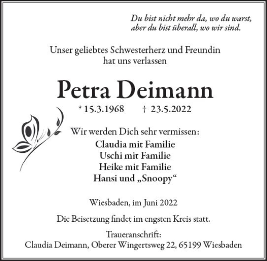 Traueranzeige von Petra Deimann von vrm-trauer Wiesbadener Kurier