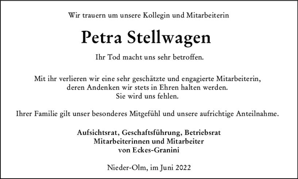  Traueranzeige für Petra Stellwagen vom 11.06.2022 aus vrm-trauer AZ Mainz