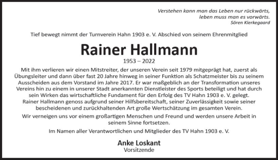 Traueranzeige von Rainer Hallmann von vrm-trauer Wiesbadener Kurier