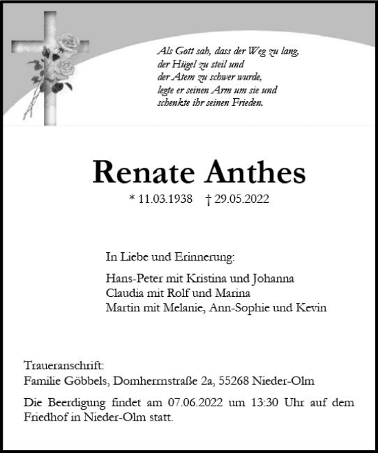 Traueranzeige von Renate Anthes von vrm-trauer AZ Mainz