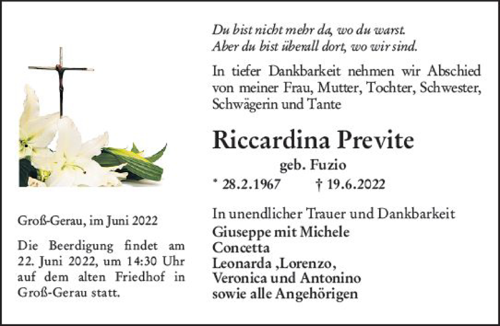  Traueranzeige für Riccardina Previte vom 21.06.2022 aus vrm-trauer Groß-Gerauer Echo