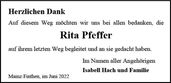 Traueranzeige von Rita Pfeffer von vrm-trauer AZ Mainz