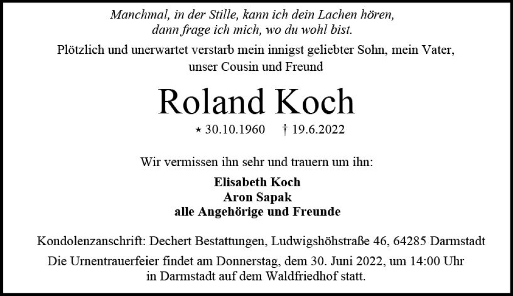 Traueranzeige für Roland Koch vom 25.06.2022 aus vrm-trauer Darmstädter Echo