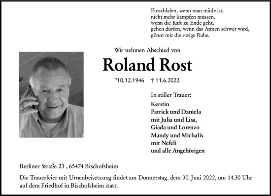 Traueranzeige von Roland Rost von vrm-trauer Rüsselsheimer Echo / MainSpitze