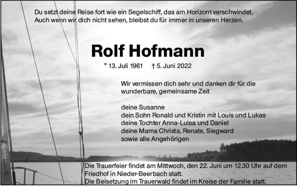  Traueranzeige für Rolf Hofmann vom 11.06.2022 aus vrm-trauer Darmstädter Echo