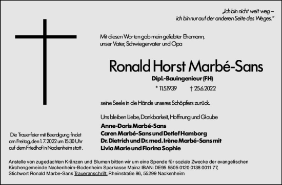 Traueranzeige von Ronald Horst Marbe-Sans von vrm-trauer AZ Mainz