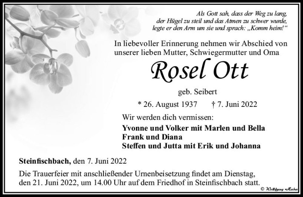  Traueranzeige für Rosel Ott vom 11.06.2022 aus vrm-trauer Idsteiner Zeitung