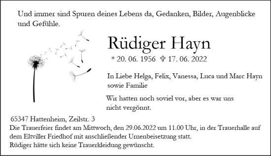 Traueranzeige von Rüdiger Hayn von vrm-trauer Rheingau