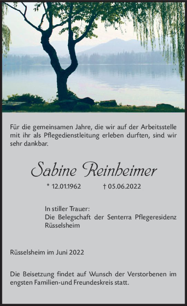  Traueranzeige für Sabine Reinheimer vom 11.06.2022 aus vrm-trauer Rüsselsheimer Echo / MainSpitze