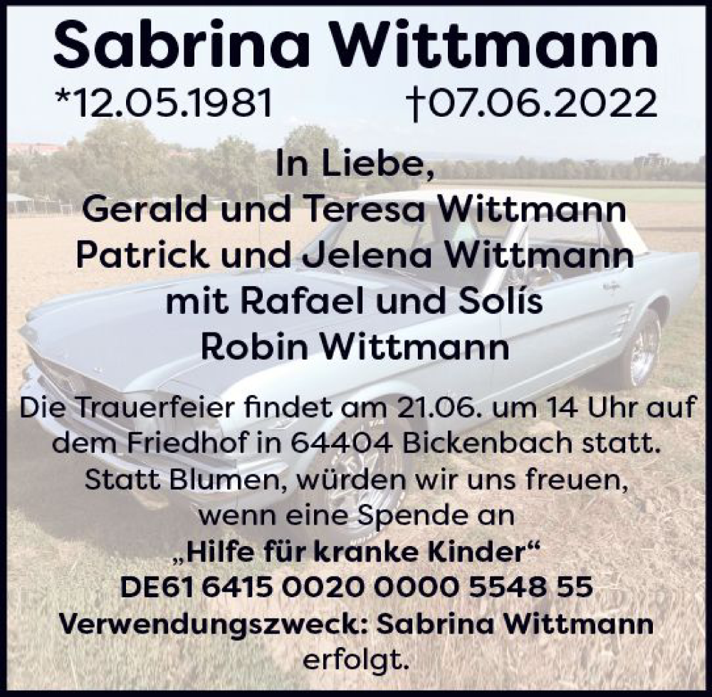  Traueranzeige für Sabrina Wittmann vom 18.06.2022 aus vrm-trauer Darmstädter Echo