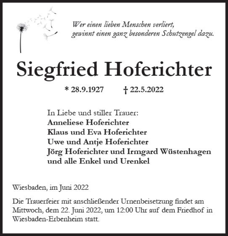  Traueranzeige für Siegfried Hoferichter vom 04.06.2022 aus vrm-trauer Wiesbadener Kurier