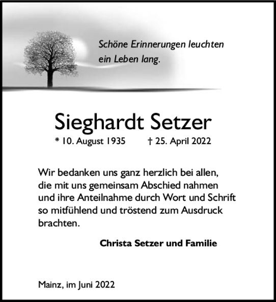  Traueranzeige für Sieghardt Setzer vom 04.06.2022 aus vrm-trauer AZ Mainz