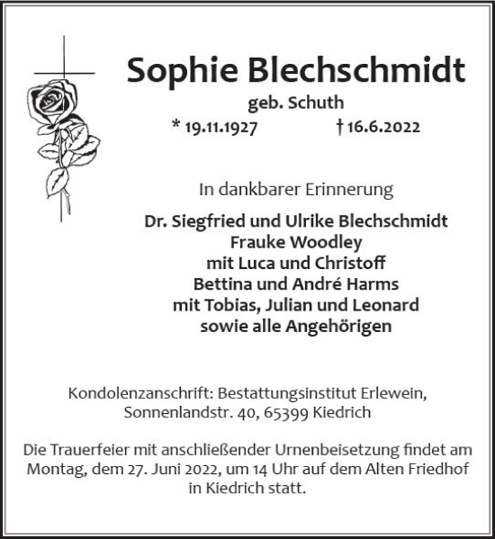 Traueranzeige von Sophie Blechschmidt von vrm-trauer Rheingau