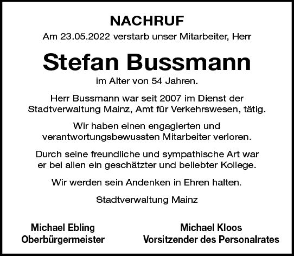  Traueranzeige für Stefan Bussmann vom 11.06.2022 aus vrm-trauer AZ Mainz