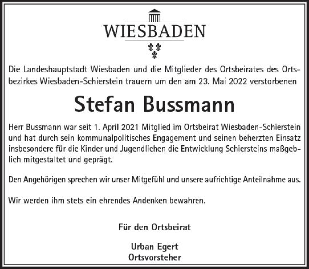  Traueranzeige für Stefan Bussmann vom 04.06.2022 aus vrm-trauer Wiesbadener Kurier