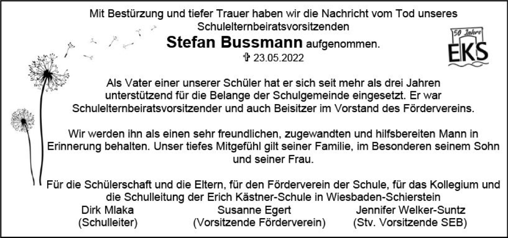  Traueranzeige für Stefan Bussmann vom 04.06.2022 aus vrm-trauer Wiesbadener Kurier